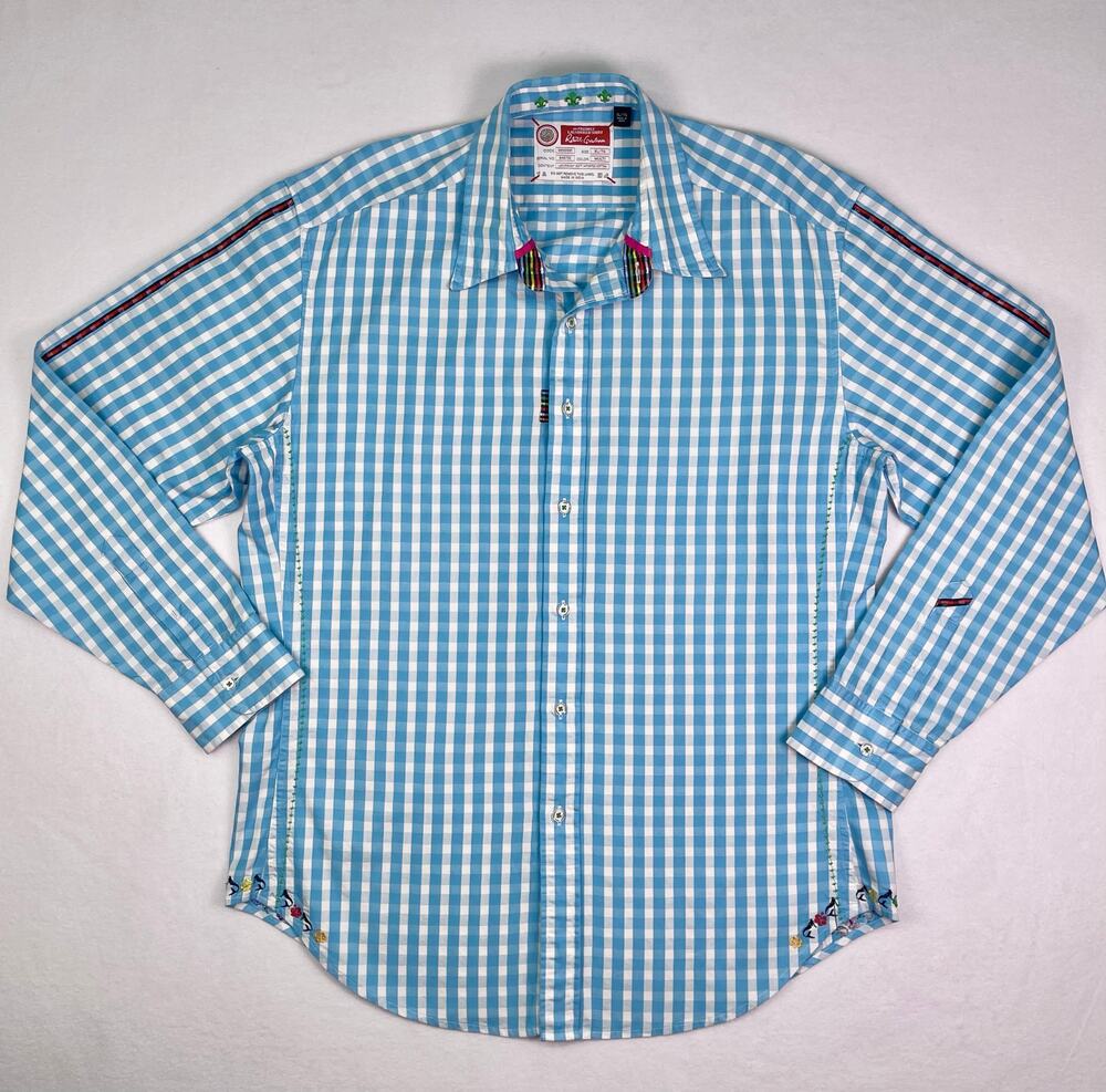 Robert Graham Blue & White Gingham Check Long Sleeve Button-Up Shirt Size XL